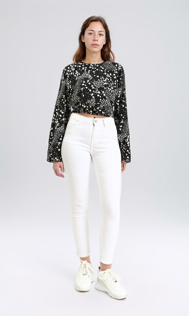 R208790 - Bell Sleeves Patterned Blouse - Black & White