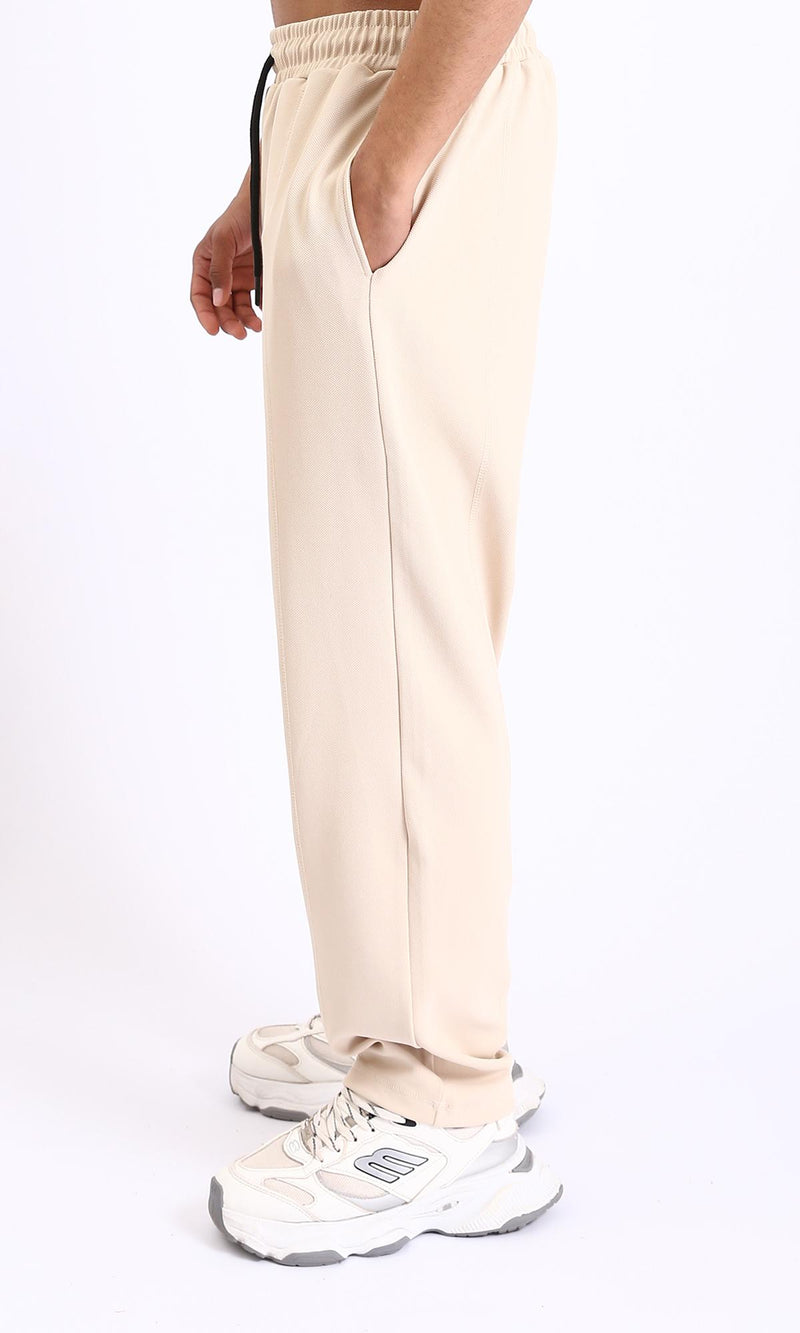 R208836-Relaxed Leg Slip On Summer Pants - Beige
