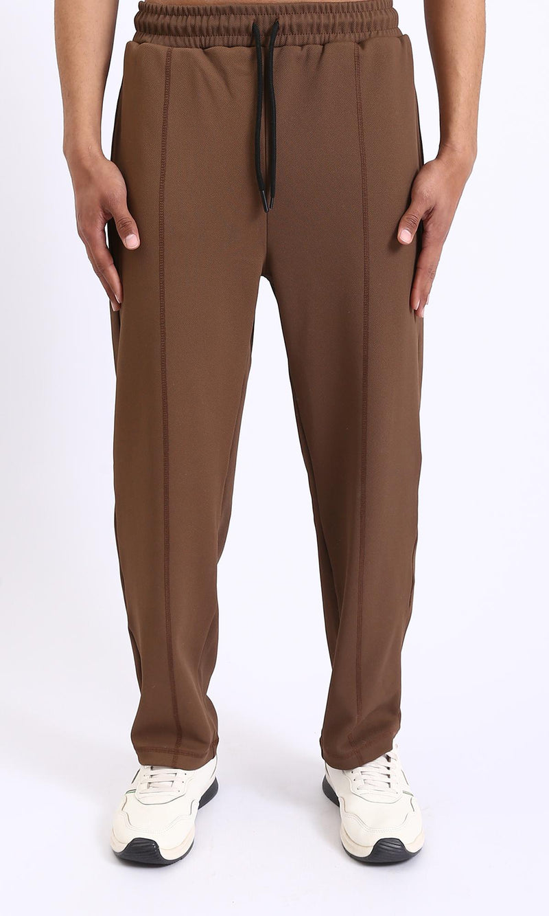 R208837-Relaxed Leg Slip On Summer Pants - Dark Brown