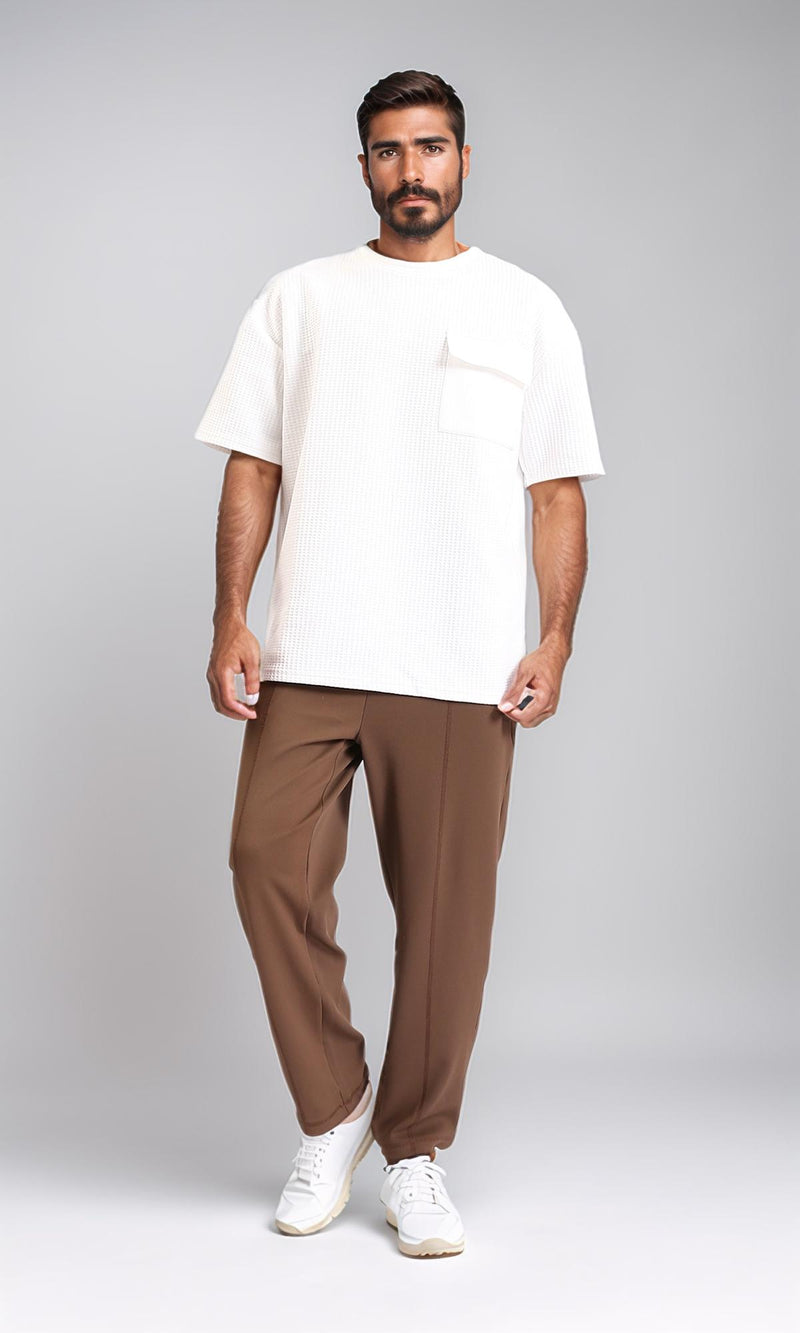 R208837-Relaxed Leg Slip On Summer Pants - Dark Brown