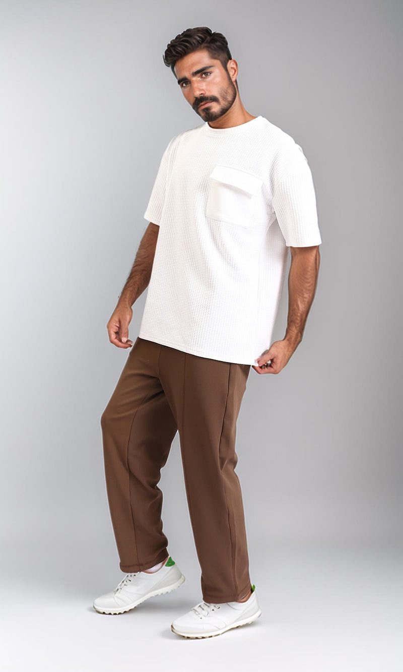 R208837-Relaxed Leg Slip On Summer Pants - Dark Brown