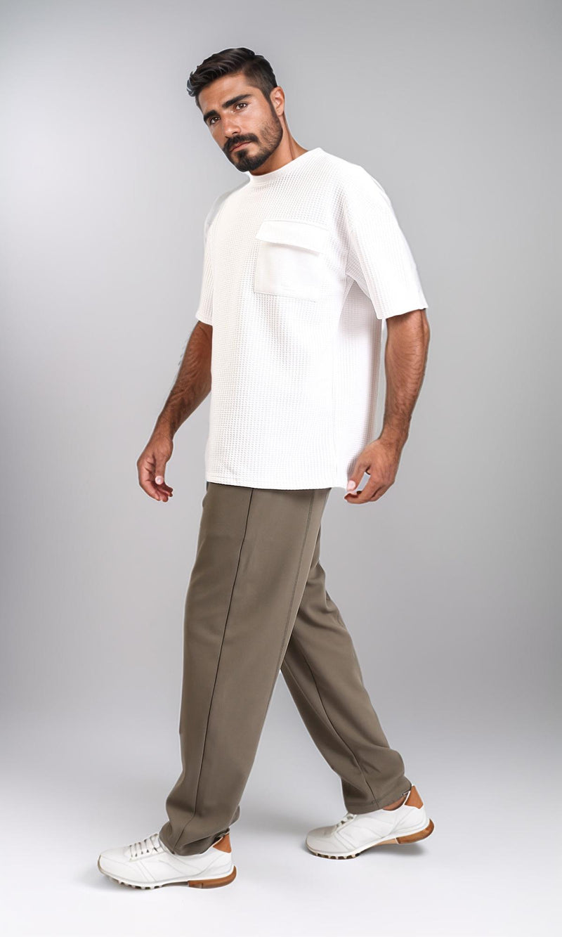 R208839-Relaxed Leg Slip On Summer Pants - Dark Olive