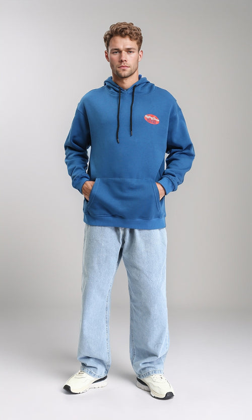 R208841 - Slip On Printed Hoodie with Pocket - Dusty Blue