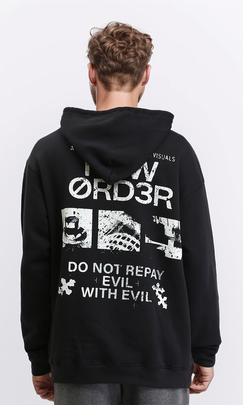 R208843 - Hooded Neck with Drawstring Winter Hoodie - Black