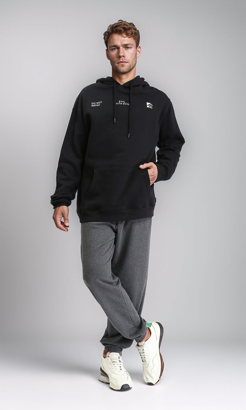 R208843 - Hooded Neck with Drawstring Winter Hoodie - Black