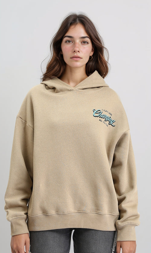 R208845 - Regular Fit Printed "Charging" Hoodie - Khaki Beige
