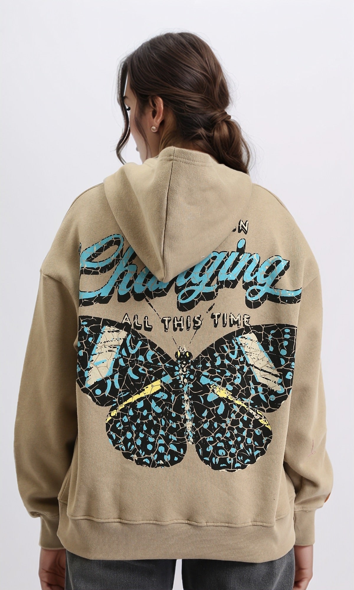 R208845 - Regular Fit Printed "Charging" Hoodie - Khaki Beige