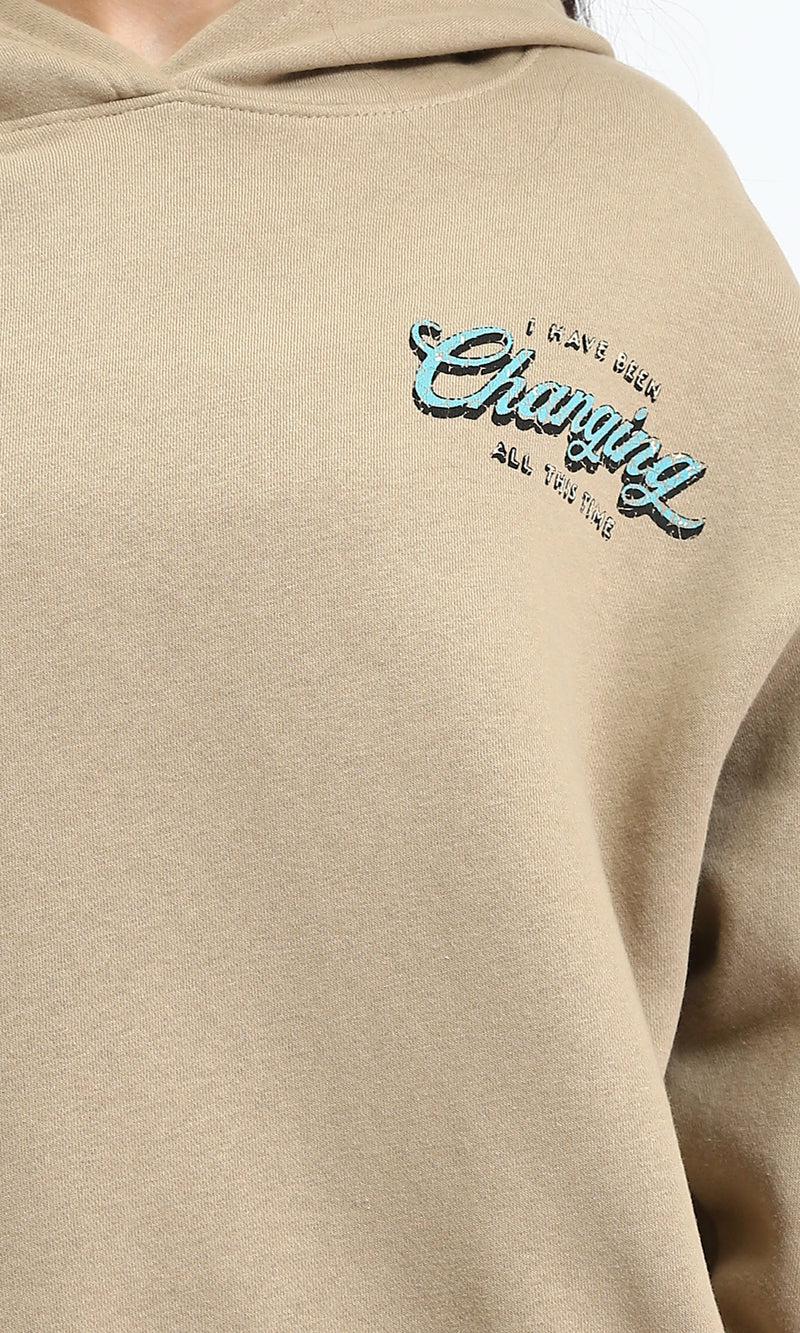 R208845 - Regular Fit Printed "Charging" Hoodie - Khaki Beige