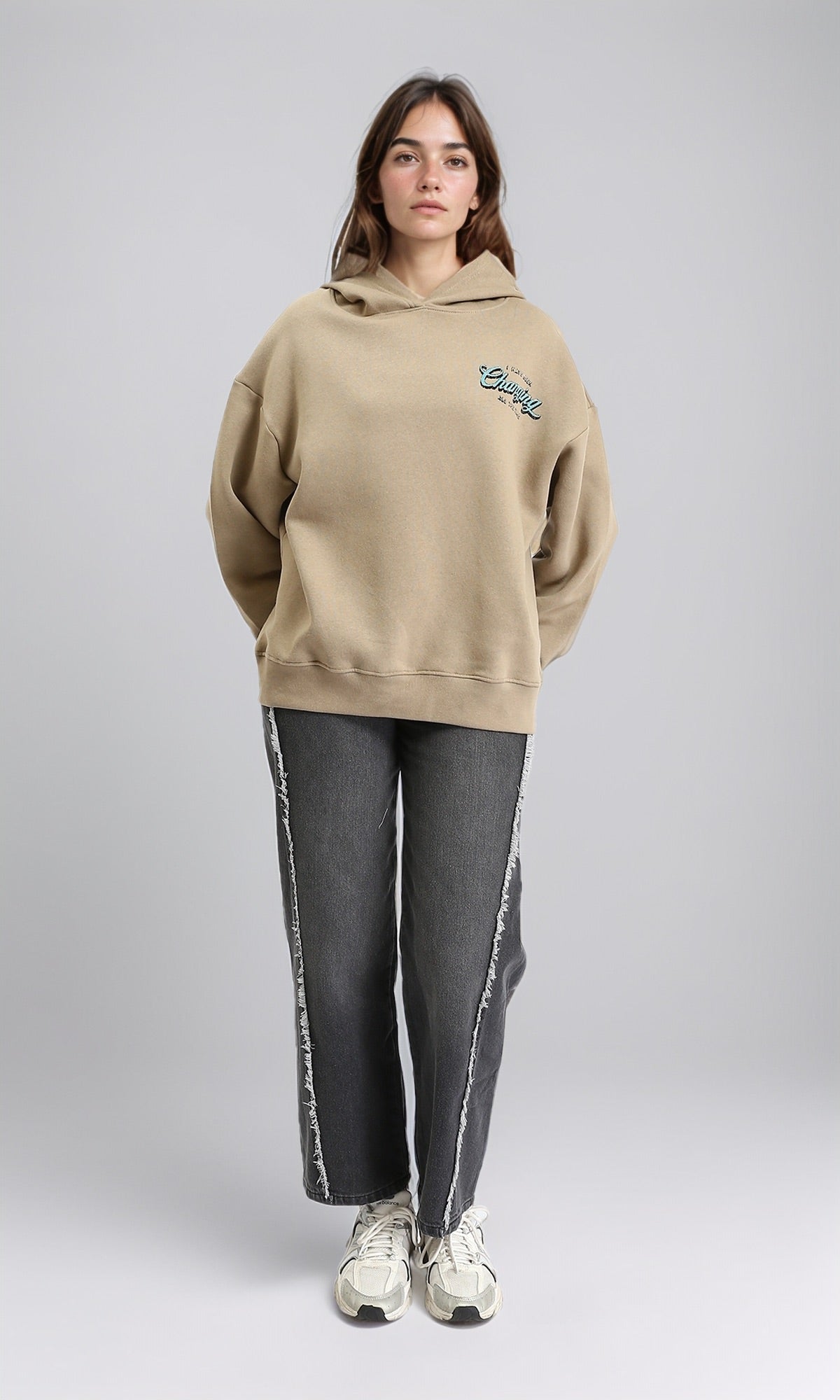 R208845 - Regular Fit Printed "Charging" Hoodie - Khaki Beige