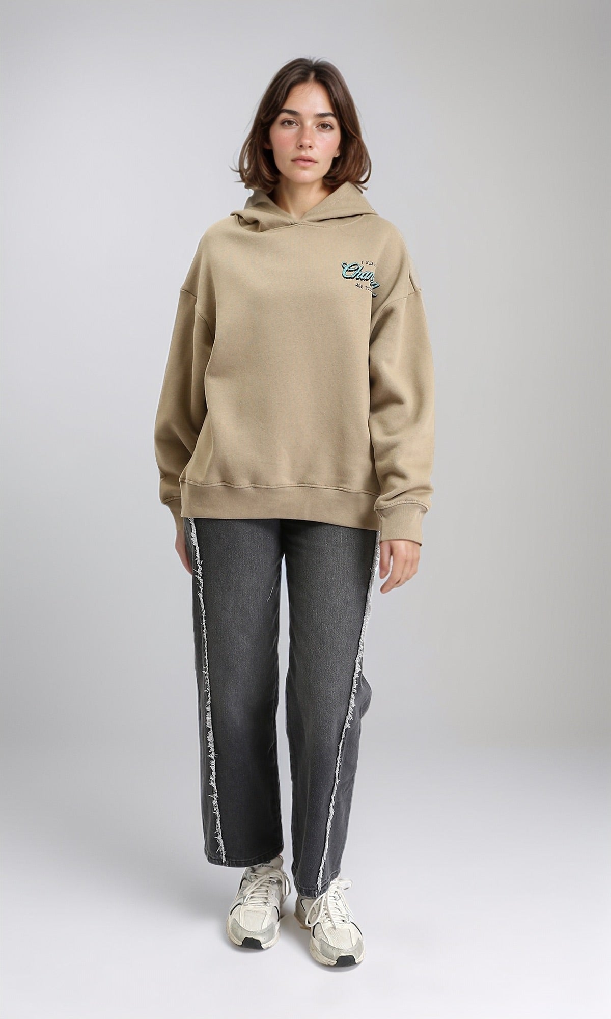 R208845 - Regular Fit Printed "Charging" Hoodie - Khaki Beige