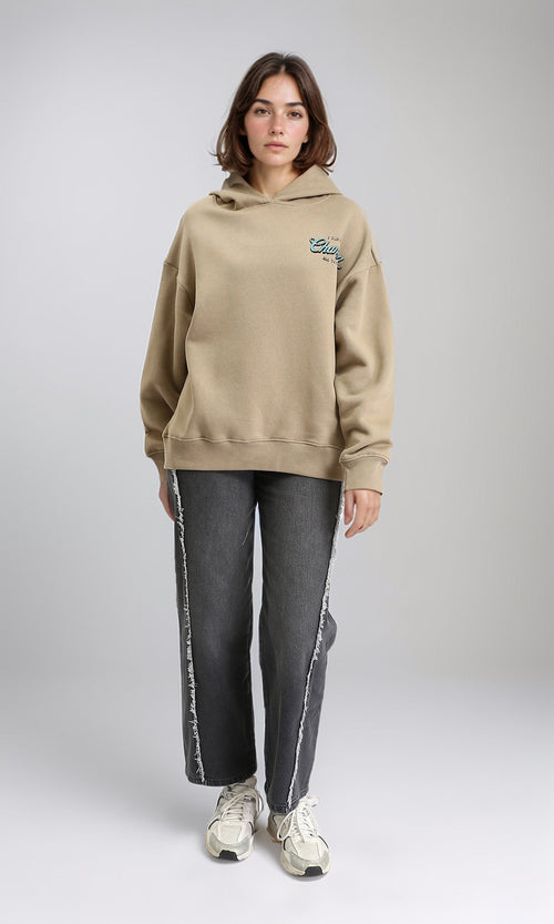 R208845 - Regular Fit Printed "Charging" Hoodie - Khaki Beige