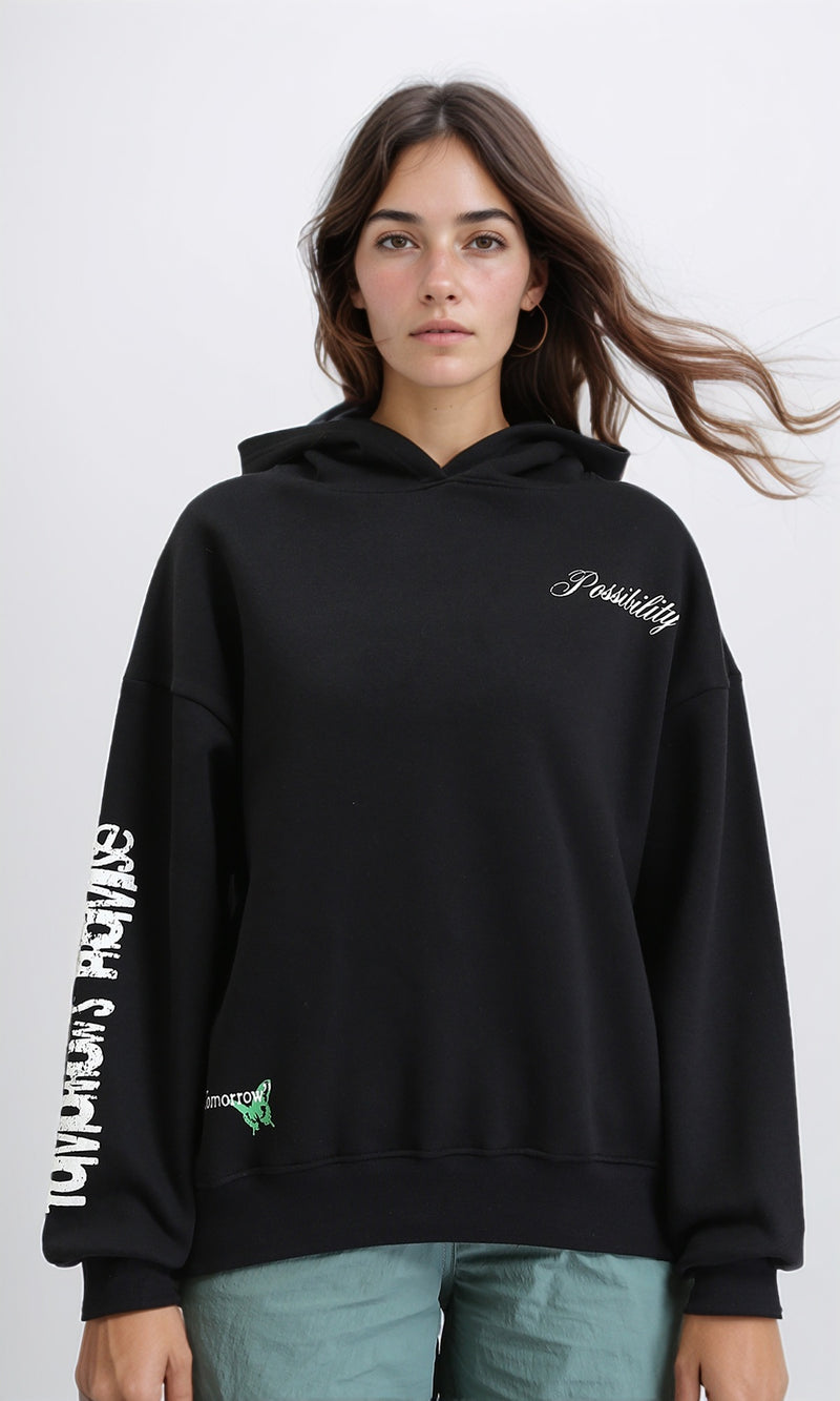 R208846 - Trendy Prints Slip On Casual Hoodie - Black