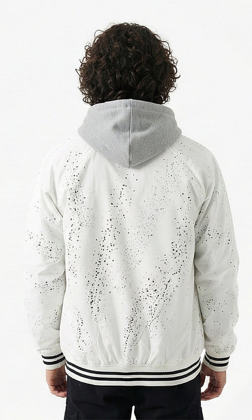 White Artistic Paint Splatter Waterproof Bomber Jacket - R208871