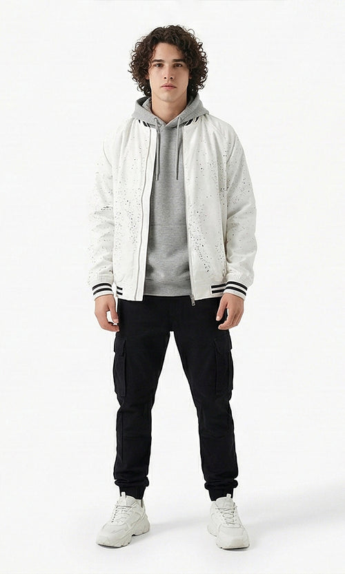 White Artistic Paint Splatter Waterproof Bomber Jacket - R208871