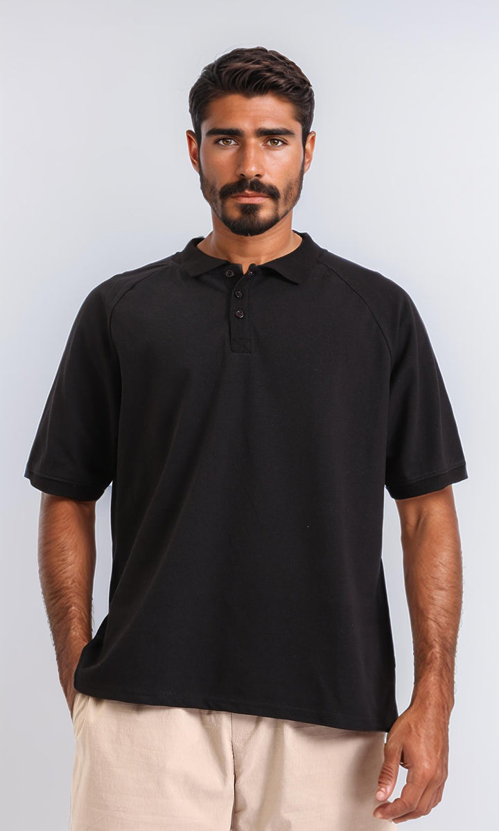 Elbow Sleeves Solid Polo Shirt - Black
