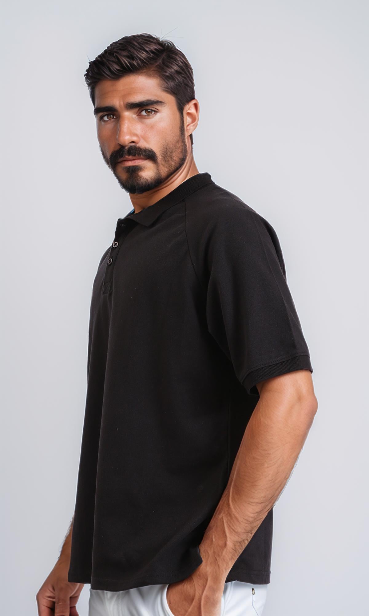 R208945-Elbow Sleeves Solid Polo Shirt - Black