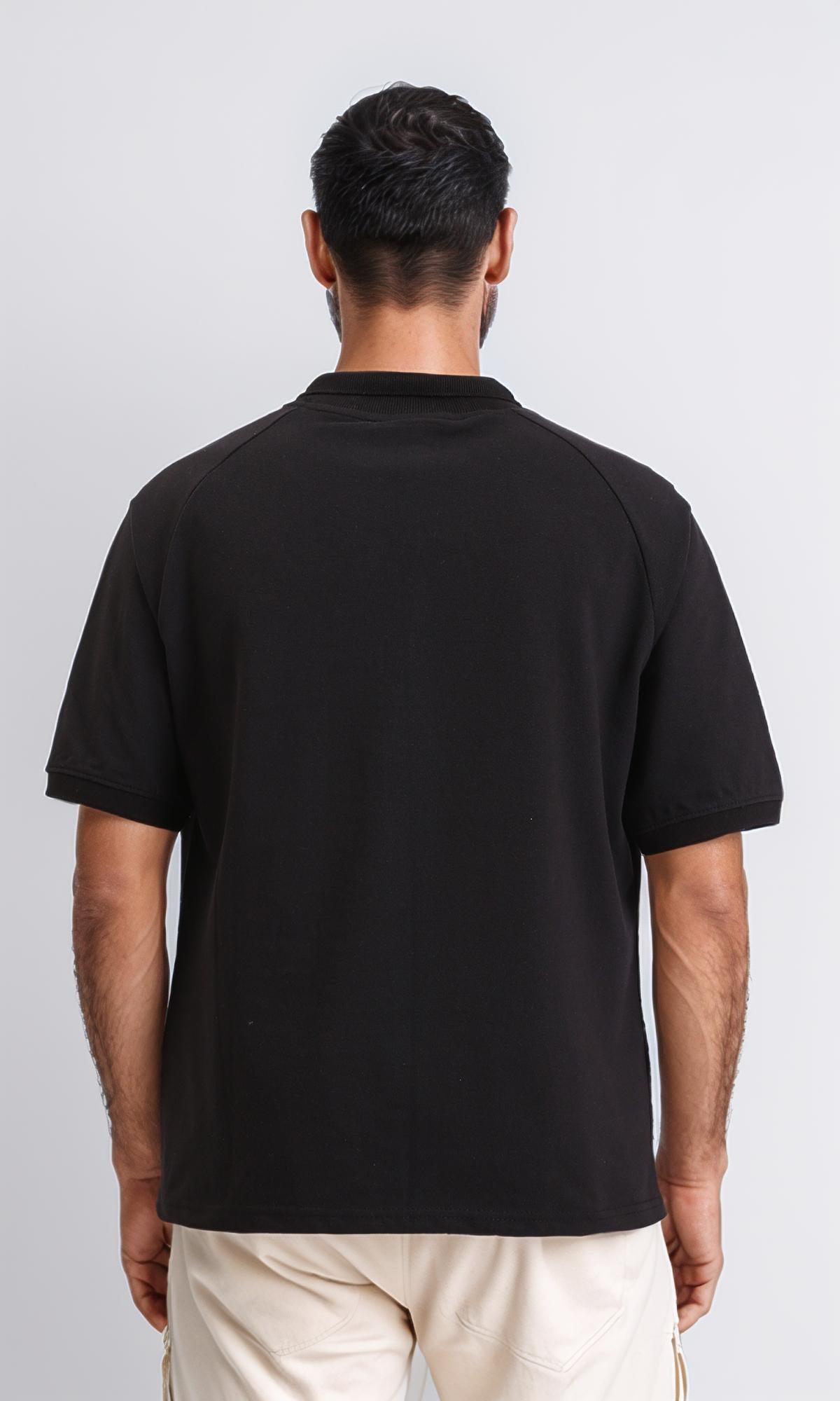 R208945-Elbow Sleeves Solid Polo Shirt - Black