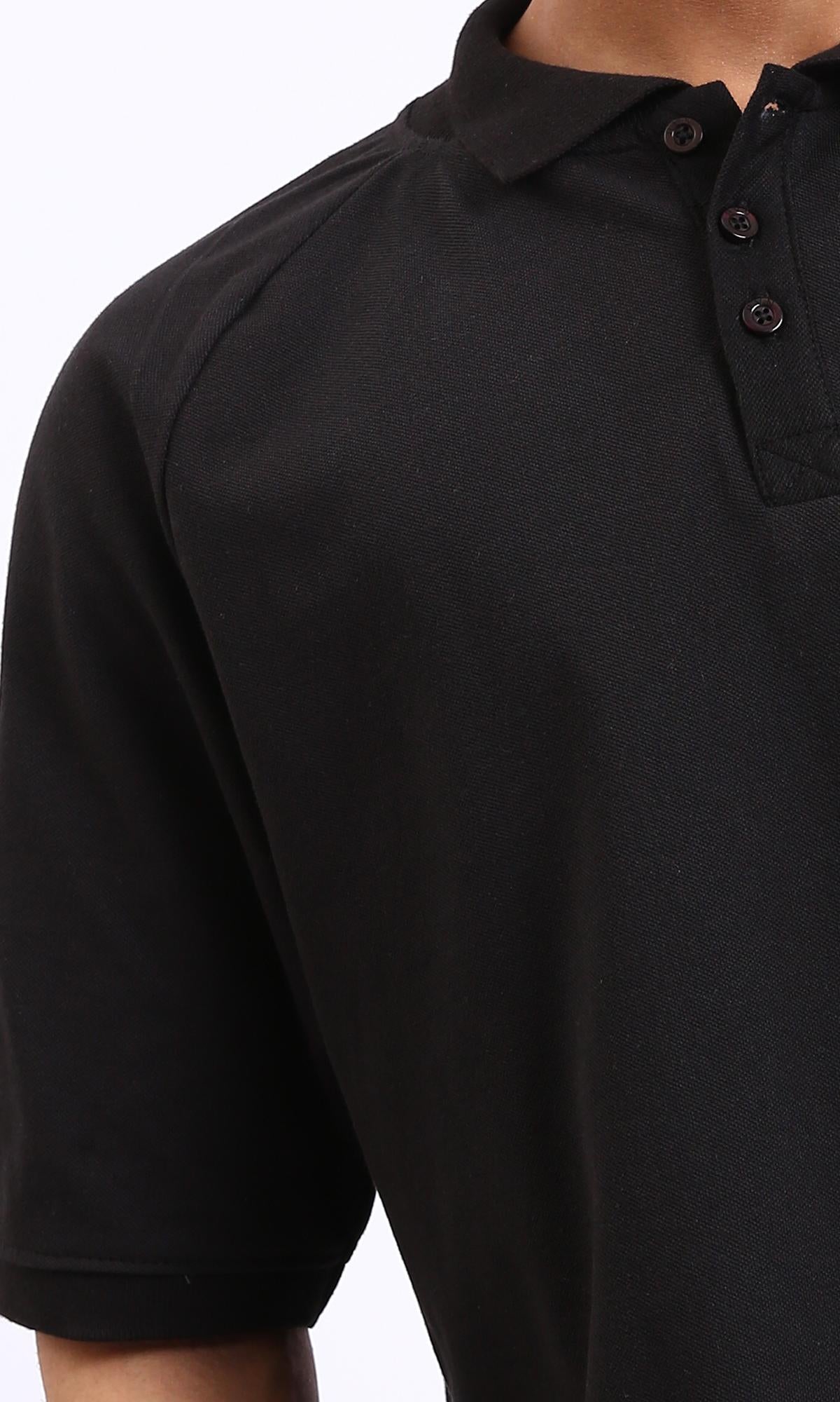 R208945-Elbow Sleeves Solid Polo Shirt - Black
