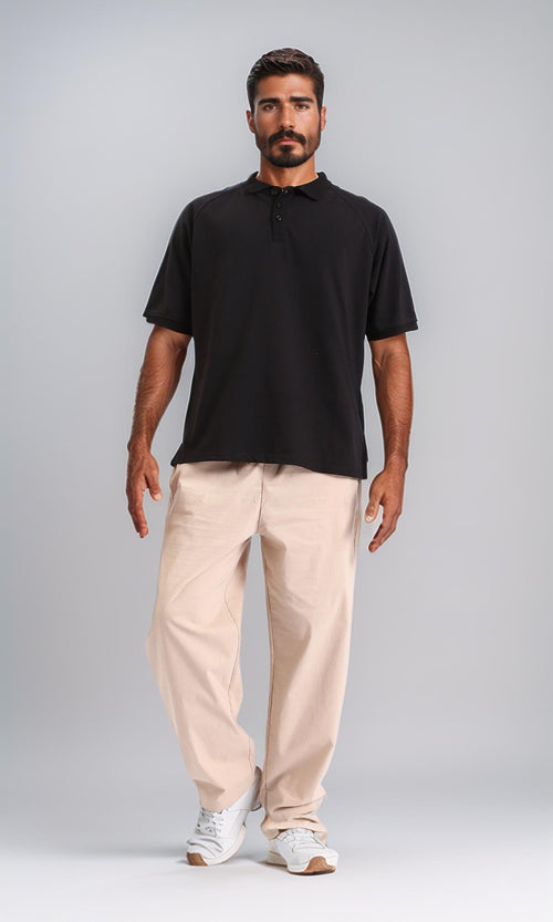 R208945-Elbow Sleeves Solid Polo Shirt - Black
