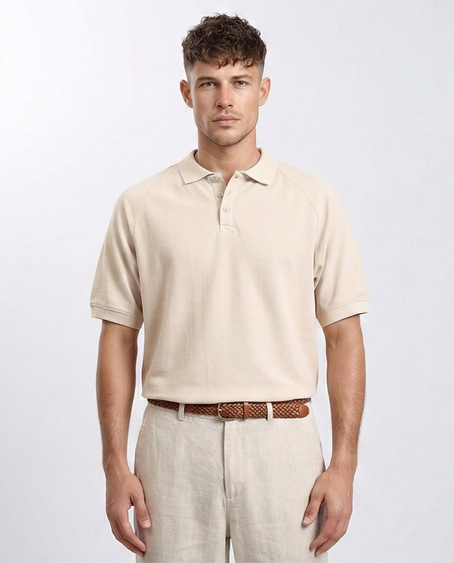 Elbow Sleeves Solid Polo Shirt - Beige