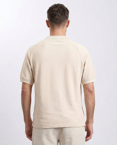 Elbow Sleeves Solid Polo Shirt - Beige - R208946