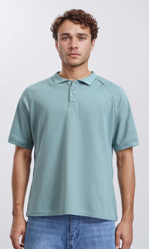 R208947 - Elbow Sleeves Solid Polo Shirt - Dark Mint