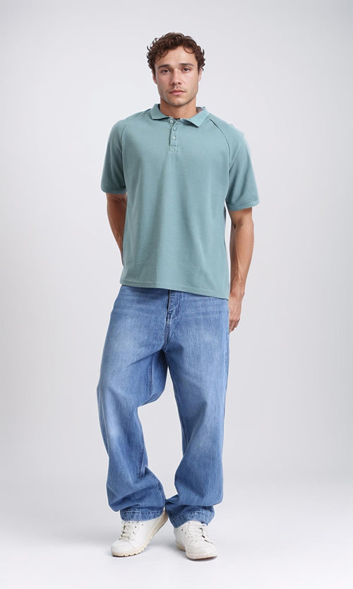 R208947 - Elbow Sleeves Solid Polo Shirt - Dark Mint
