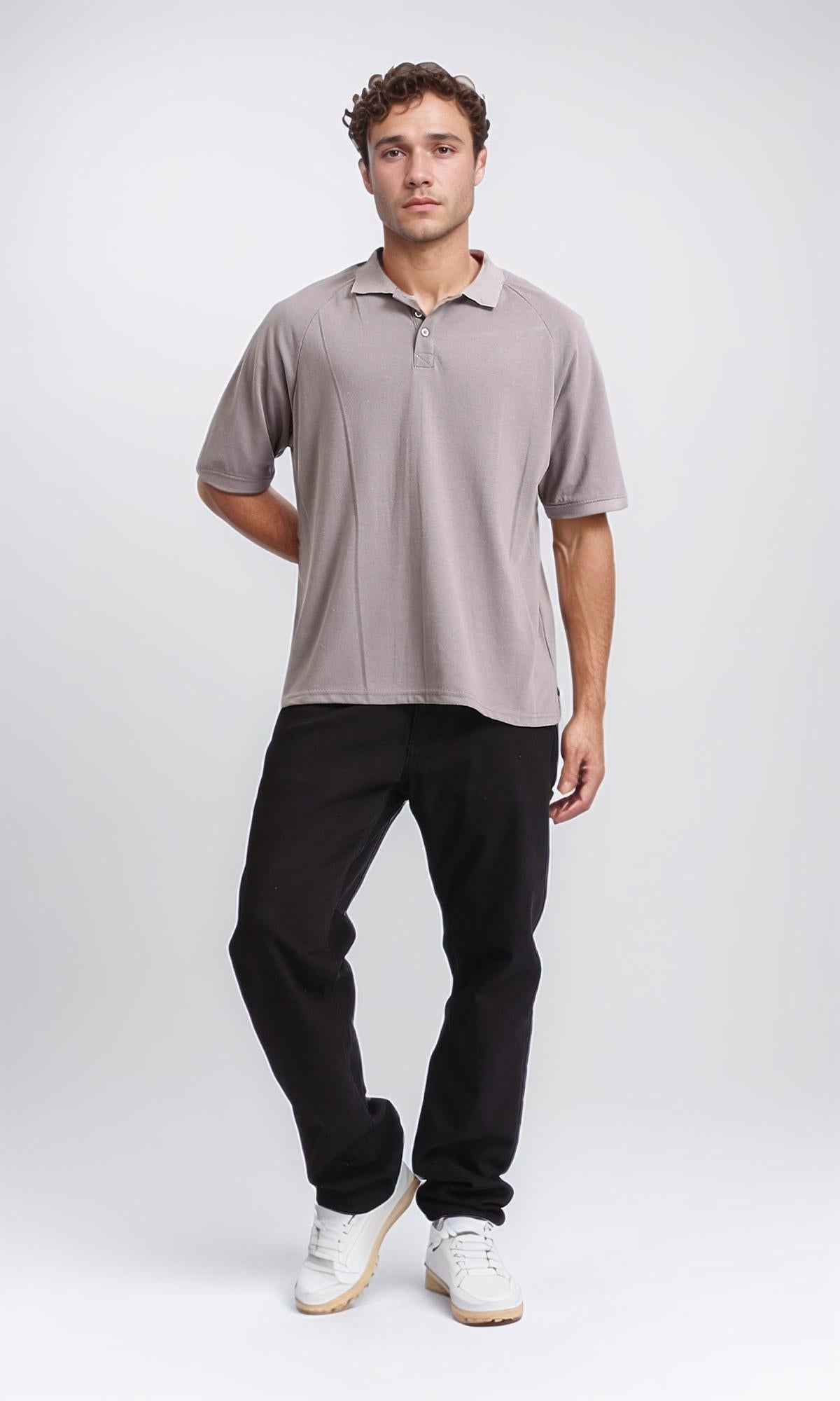 R208948 - Elbow Sleeves Solid Polo Shirt - Grey