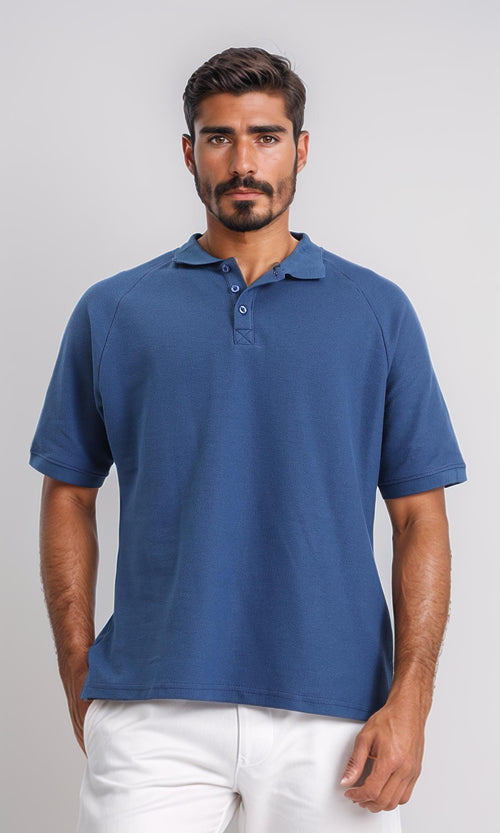 R208950-Elbow Sleeves Solid Polo Shirt - Steel Blue