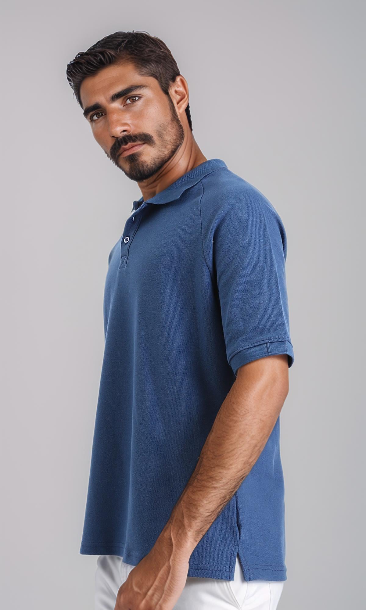 R208950-Elbow Sleeves Solid Polo Shirt - Steel Blue