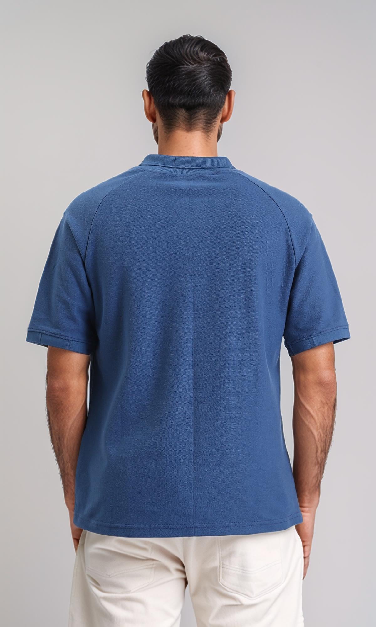 R208950-Elbow Sleeves Solid Polo Shirt - Steel Blue