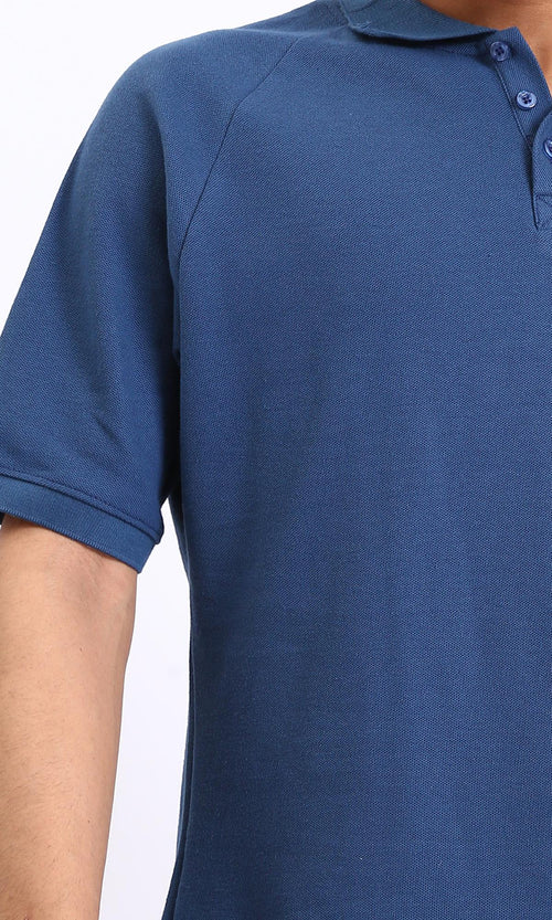 R208950-Elbow Sleeves Solid Polo Shirt - Steel Blue