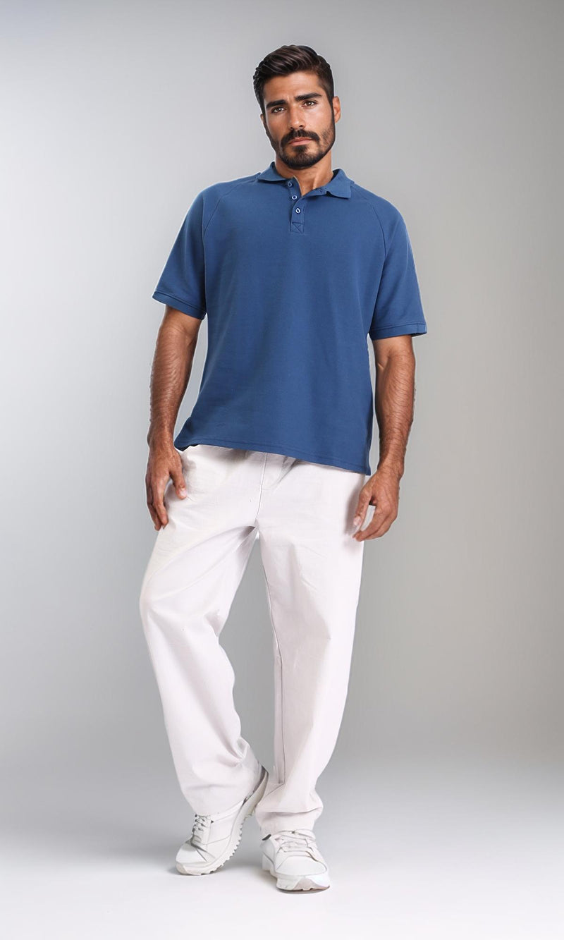 R208950-Elbow Sleeves Solid Polo Shirt - Steel Blue