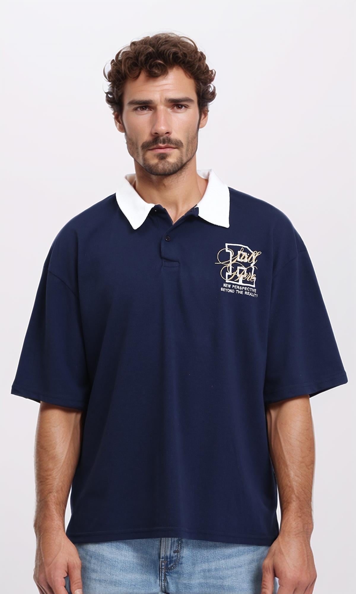 Casual Polo Shirt with Turn Down Collar - Navy Blue