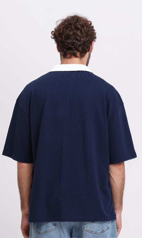 R208952 - Casual Polo Shirt with Turn Down Collar - Navy Blue