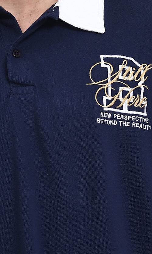 R208952 - Casual Polo Shirt with Turn Down Collar - Navy Blue