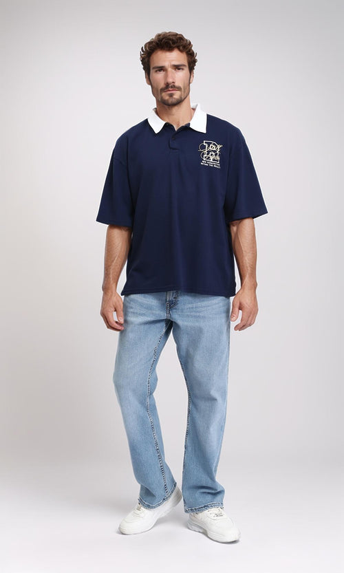 R208952 - Casual Polo Shirt with Turn Down Collar - Navy Blue