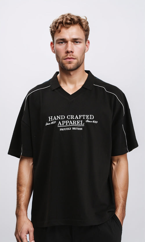Printed "hand Crafted" Polo Shirt - Black