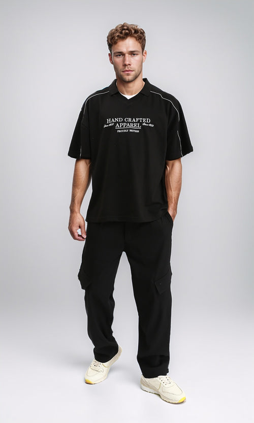 R208954 - Printed "Hand Crafted" Polo Shirt - Black