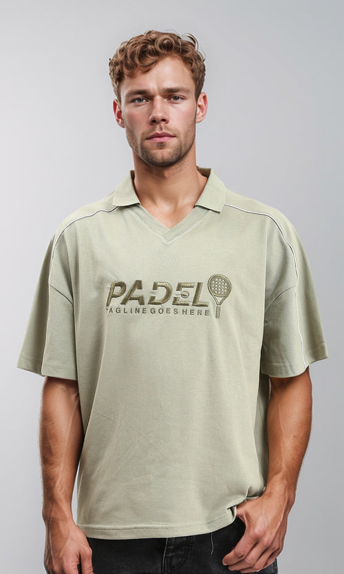 R208955 - Stitched "Padel" Relaxed Polo Shirt - Pastel Olive