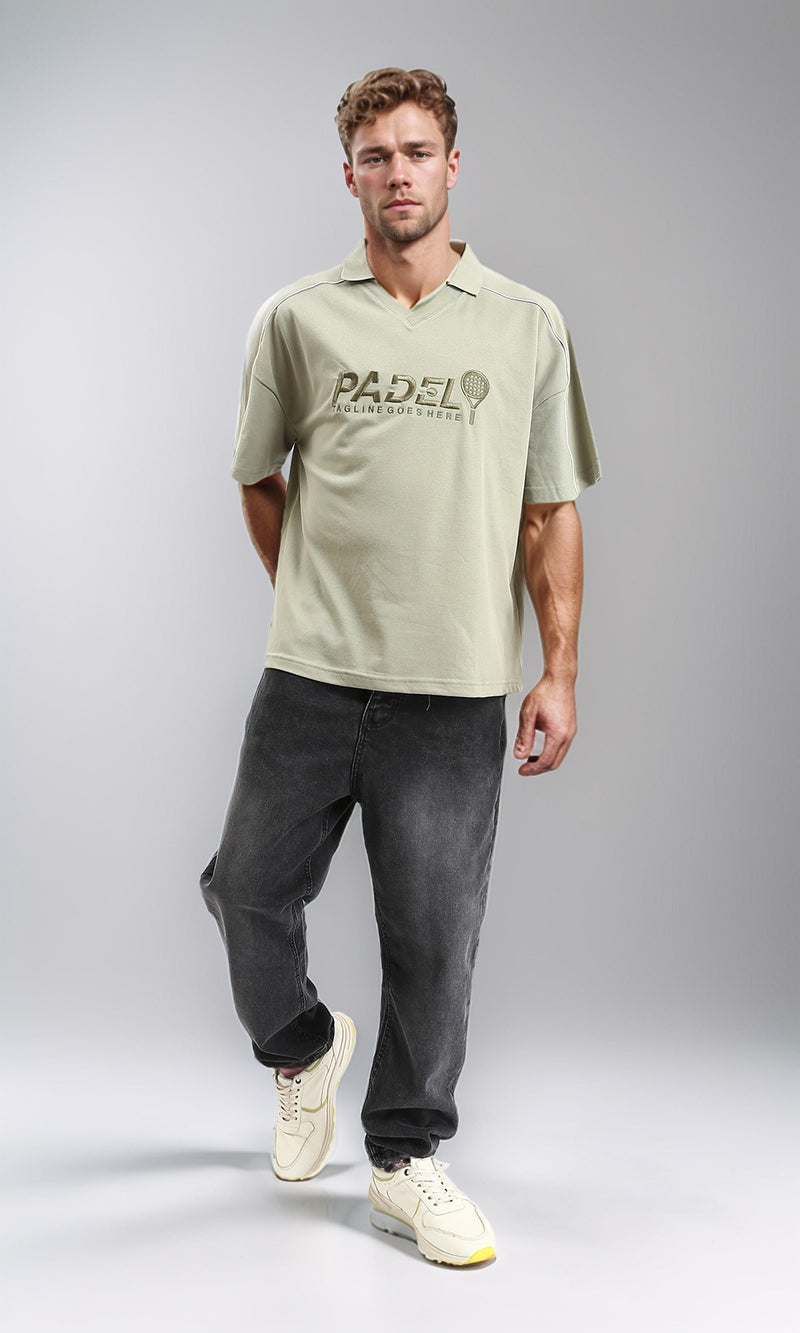 R208955 - Stitched "Padel" Relaxed Polo Shirt - Pastel Olive