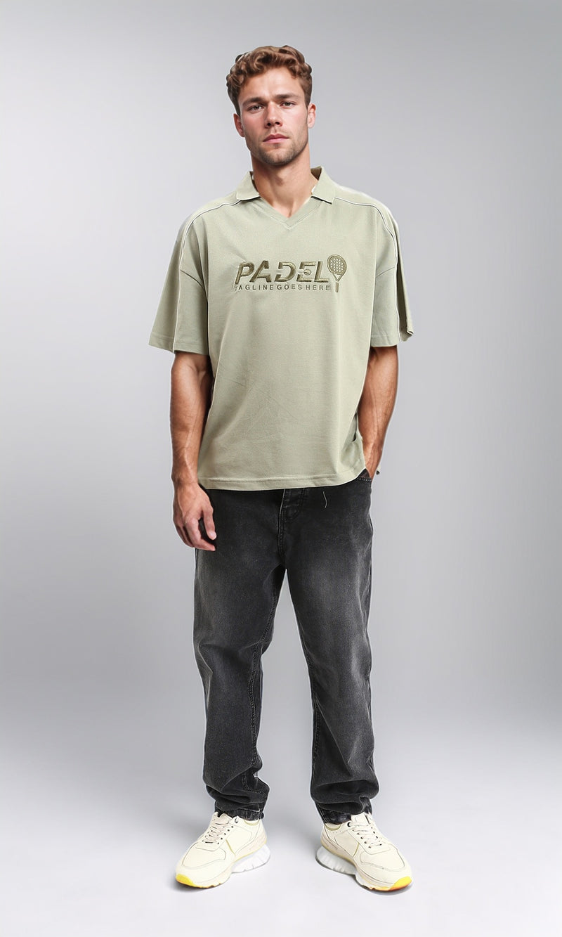 R208955 - Stitched "Padel" Relaxed Polo Shirt - Pastel Olive