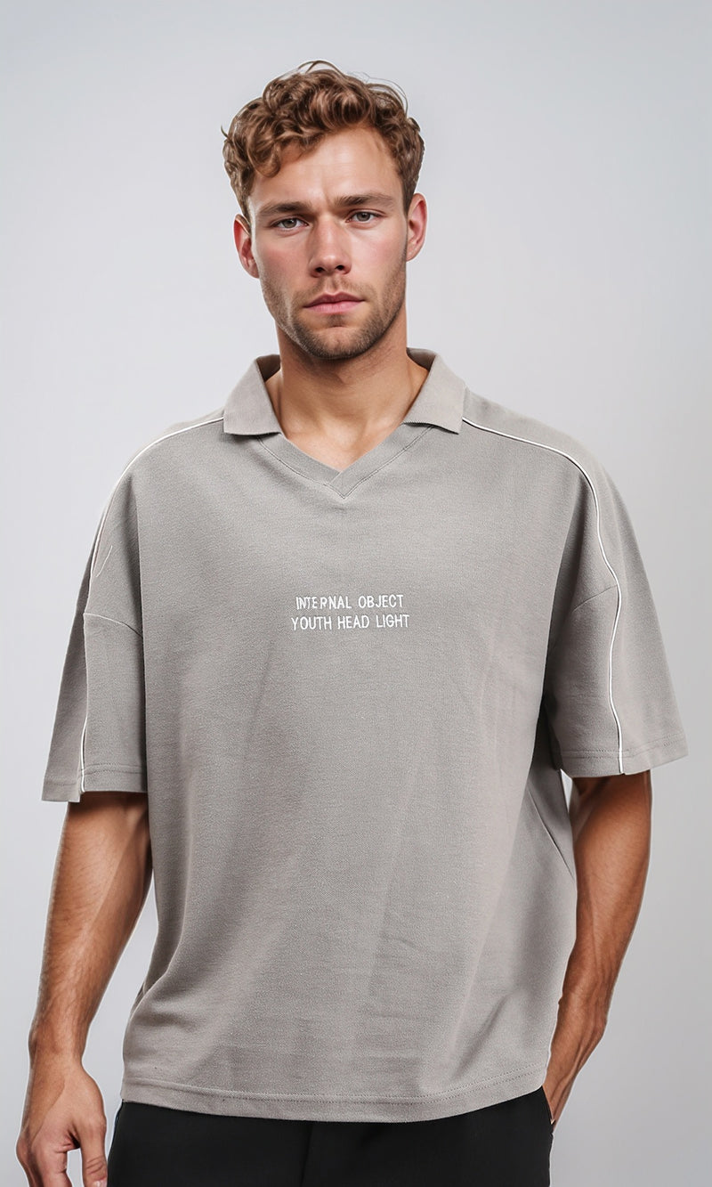 R208956 - Elbow Sleeves Printed Polo Shirt - Light Grey