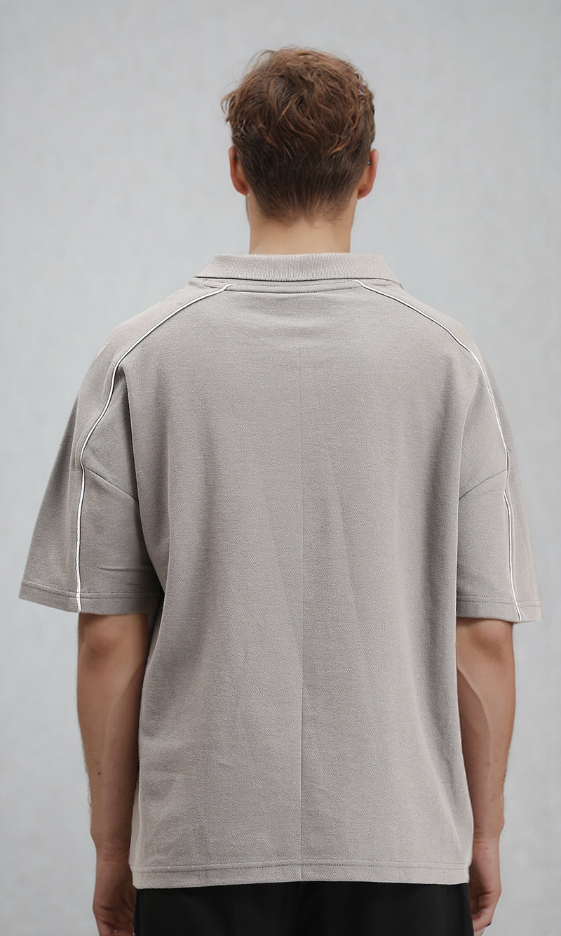 R208956 - Elbow Sleeves Printed Polo Shirt - Light Grey