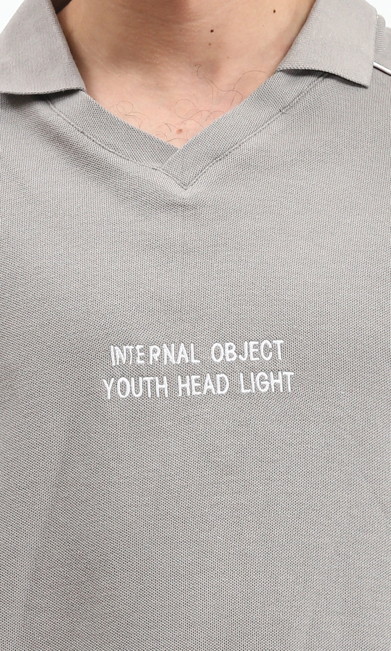 R208956 - Elbow Sleeves Printed Polo Shirt - Light Grey