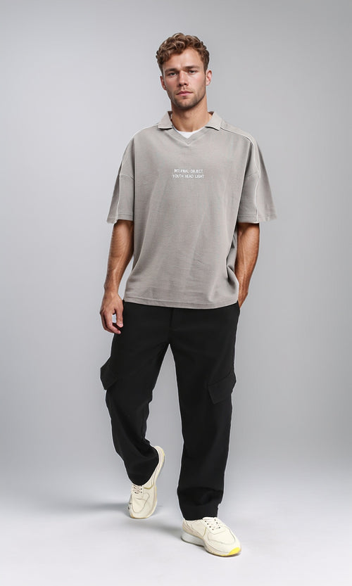 R208956 - Elbow Sleeves Printed Polo Shirt - Light Grey