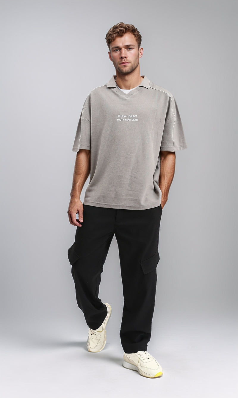 R208956 - Elbow Sleeves Printed Polo Shirt - Light Grey