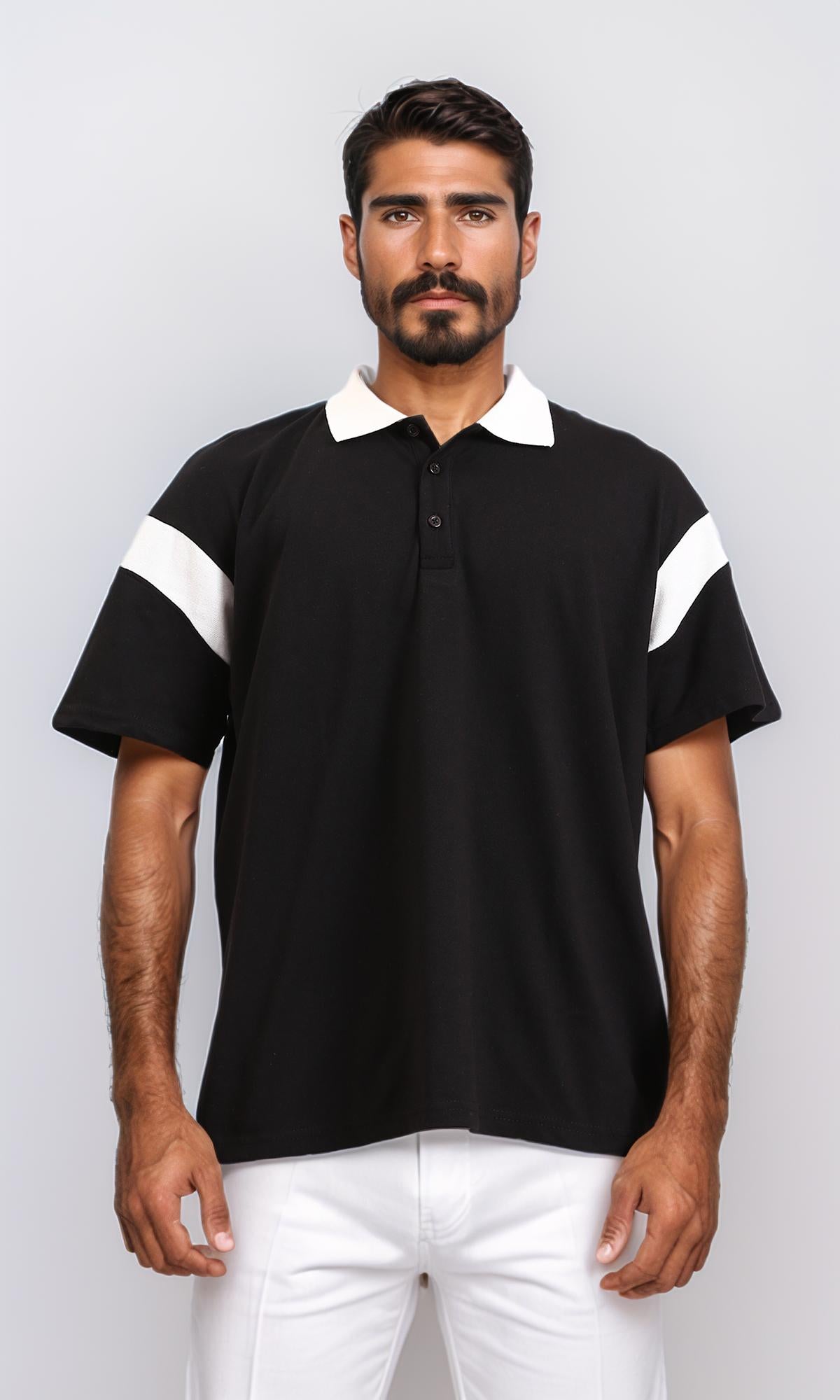 Relaxed Elbow Sleeves Casual Polo Shirt - Black