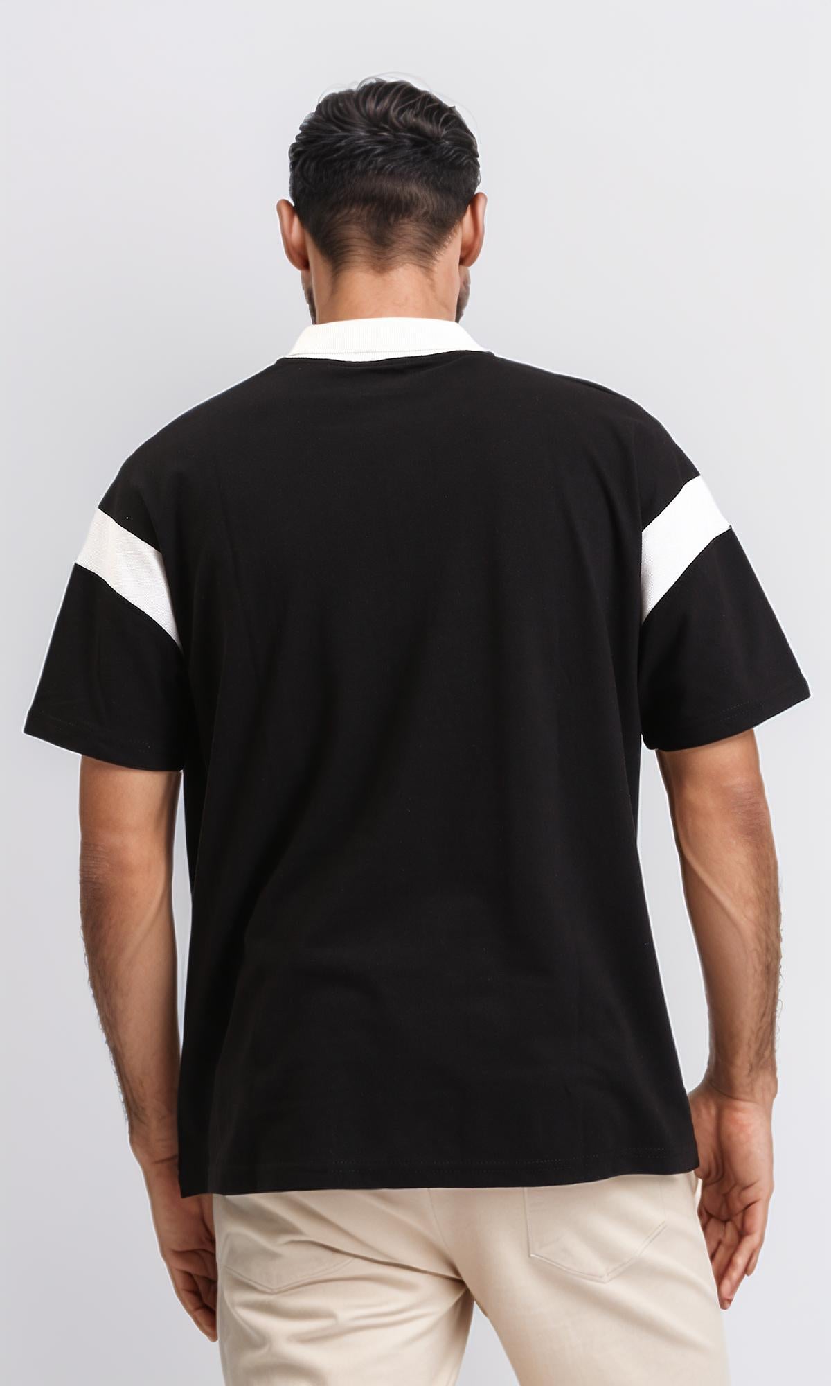 R208958 - Relaxed Elbow Sleeves Casual Polo Shirt - Black