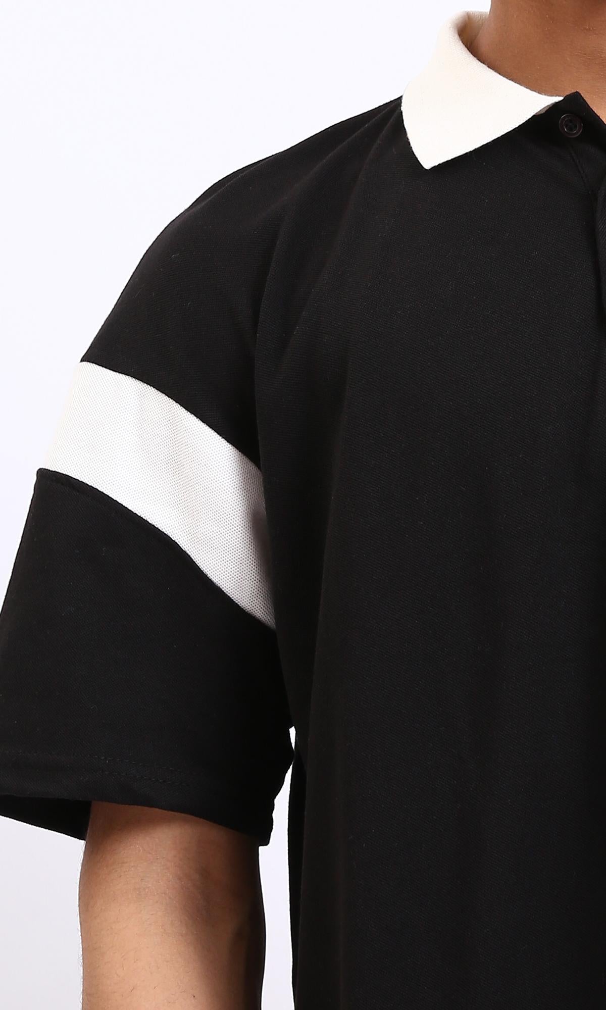 R208958 - Relaxed Elbow Sleeves Casual Polo Shirt - Black